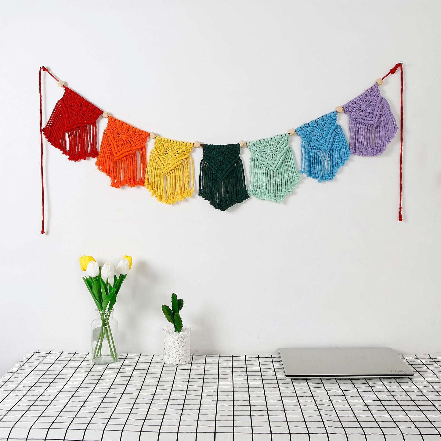 Hand Woven Cotton Macrame Wall Hanging Curtain Decor Banner - Rainbow