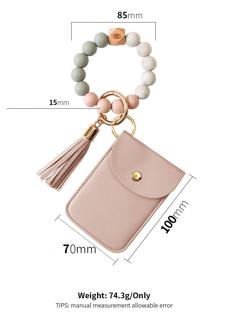 Silicone Beaded Tassel Bracelet Keychain - Card & Coin Purse Wallet
