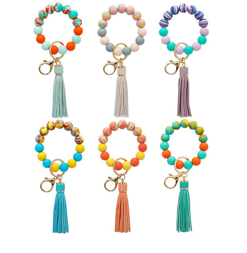 Candy-colored Silicone Beaded Tassel Wristlet Keychain Bracelets