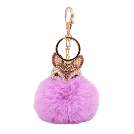 Image of Real Sic Purple Faux Fur Fuzzy Animal Fox Pom Pom Key chain - Fox Kechain