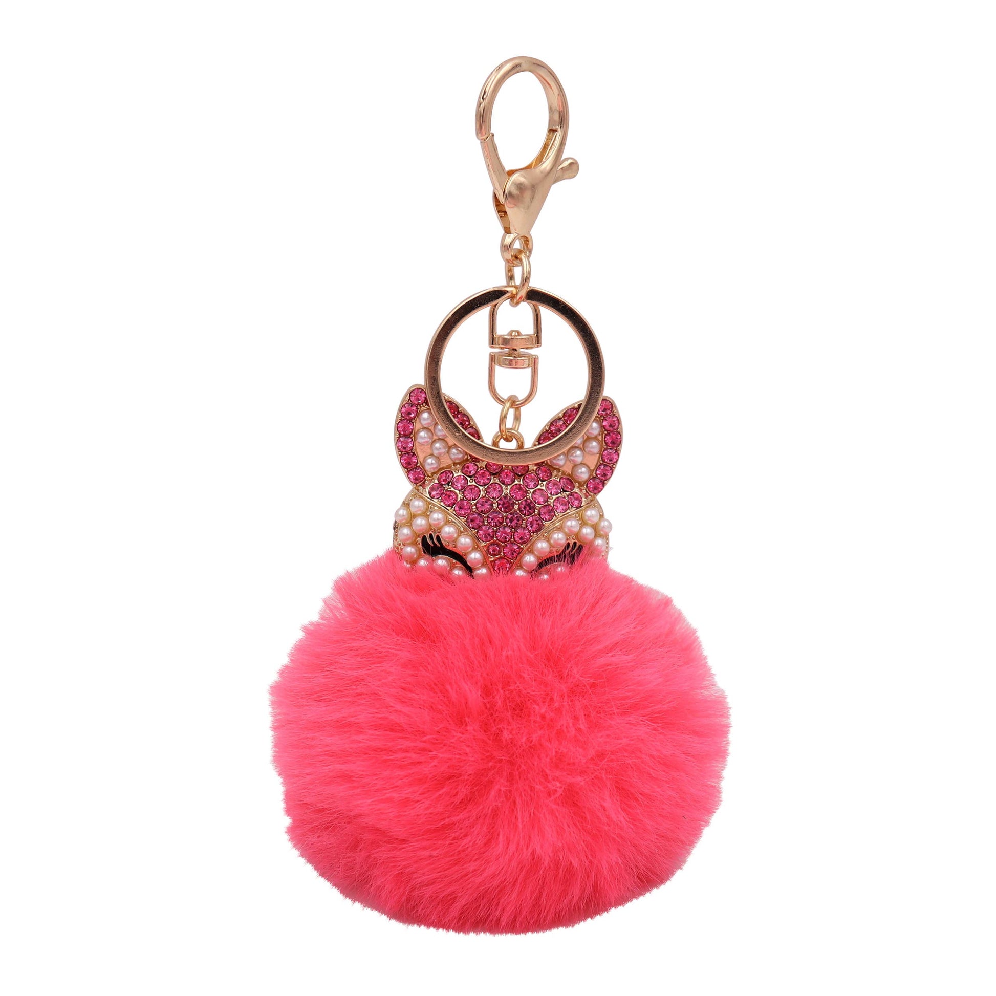 Image of Real Sic Pink Faux Fur Fuzzy Animal Fox Pom Pom Key chain - Fox Kechain