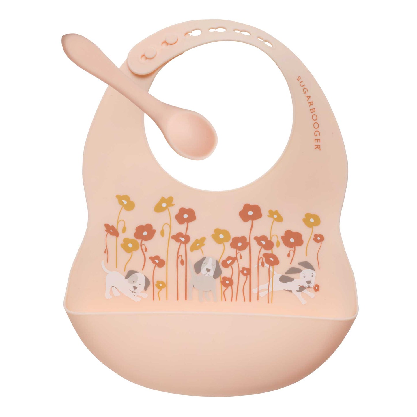 Sugarbooger by Ore’ Originals - Fresh & Messy Silicone Bib & Spoon Set | Puppies & Poppies