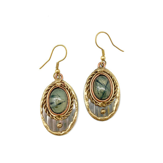 Mixed Metal and Moss Agate Stone Earrings