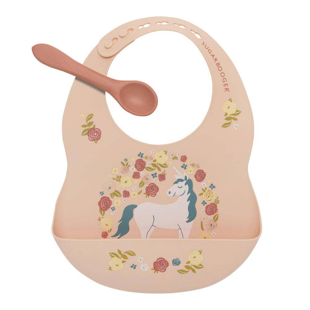 Sugarbooger by Ore’ Originals - Fresh & Messy 
Silicone Bib & Spoon Set | Unicorn