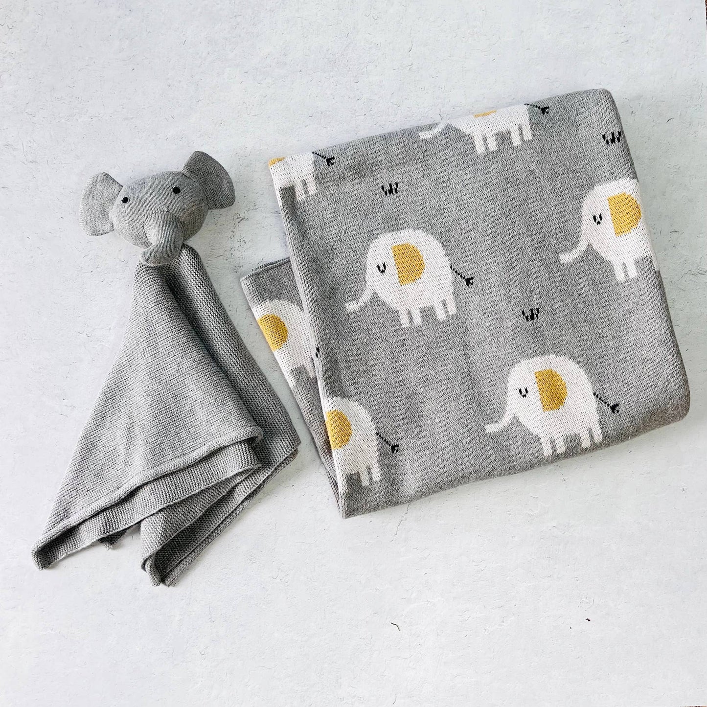 Viverano Organics - Elephant Jacquard Knit Baby Blanket & Lovey Gift SET