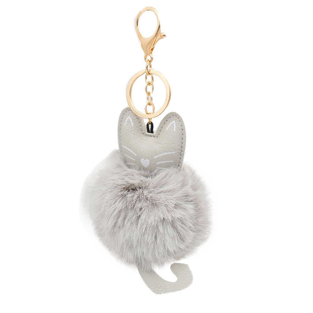 Image of Real Sic Grey Fuzzy Cute Animal Cat - Kitty Pom Pom Charm Key chain