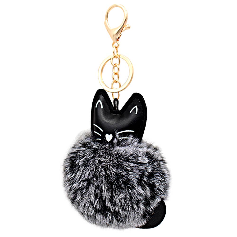Image of Real Sic Black Fuzzy Cute Animal Cat - Kitty Pom Pom Charm Key chain