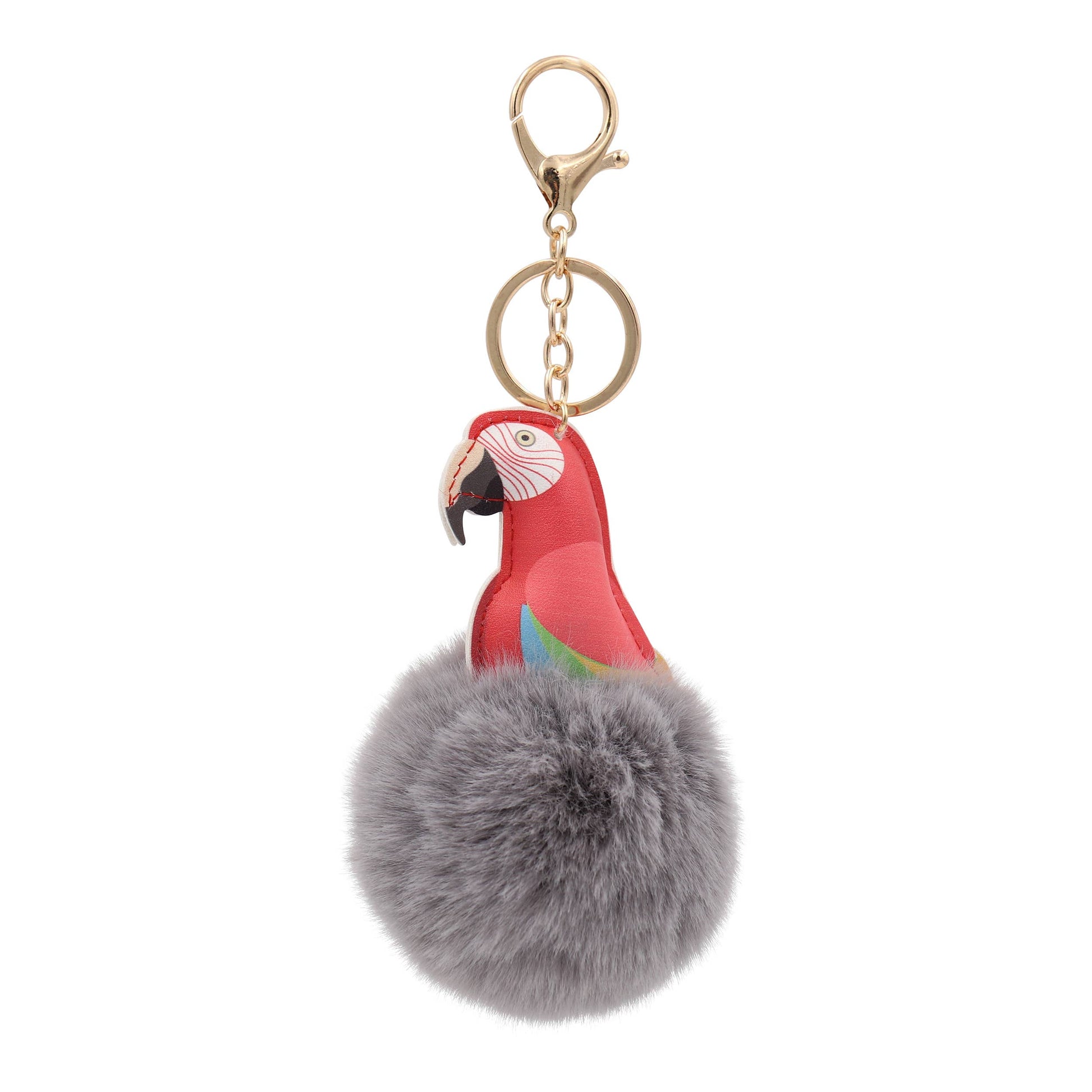 Image of Real Sic Grey Cute Colorful Parrots Pom Pom Key chain - Fuzzy Key chain