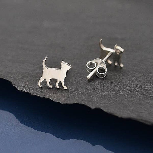 Nina Designs - Sterling Silver Curious Kitten Post Earrings 8x9mm