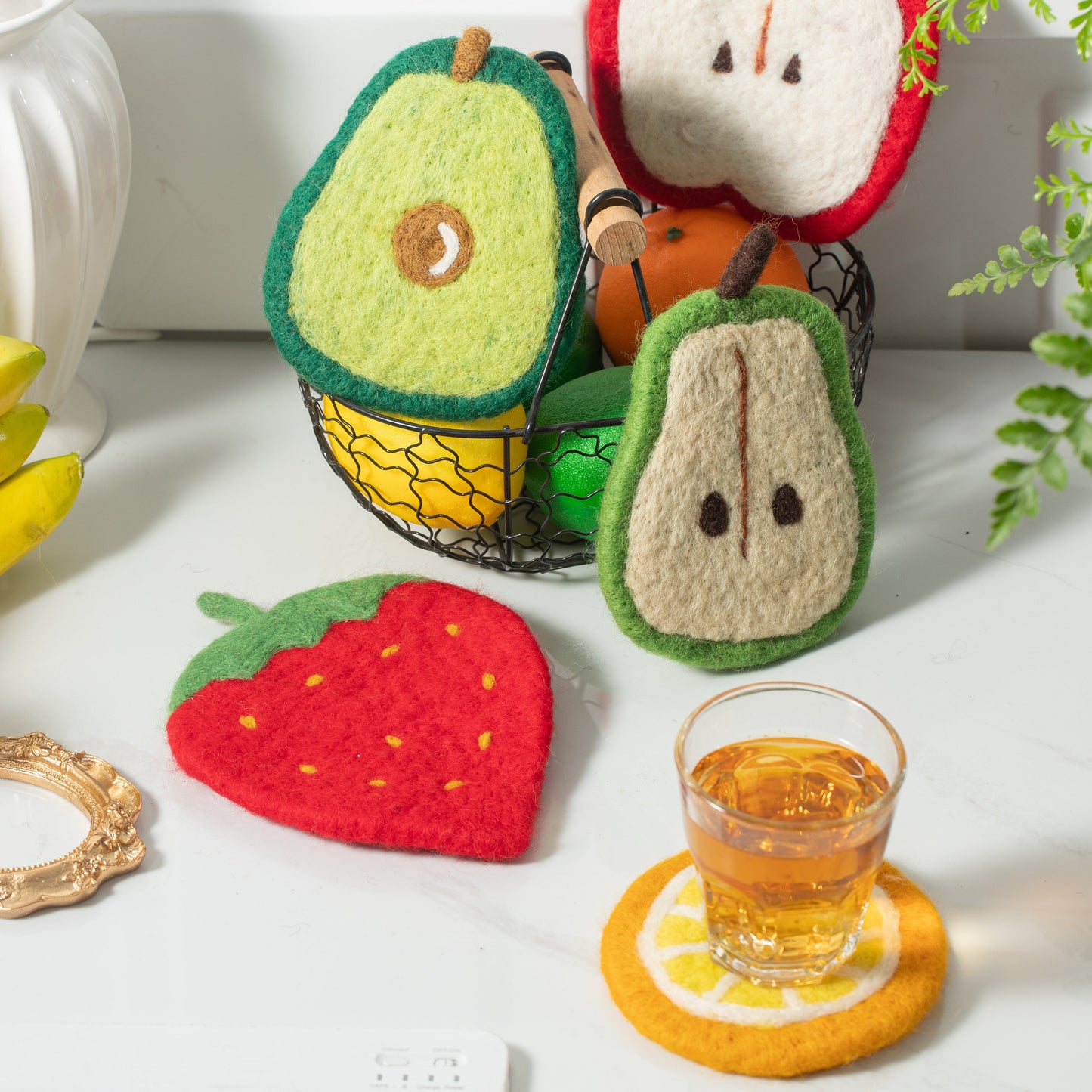 Handmade Wool Felt Fruits Cup Coasters Made in Nepal - Avocado, Apple, Pear, Orange
