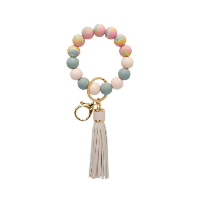 Candy-colored Silicone Beaded Tassel Wristlet Keychain Bracelets