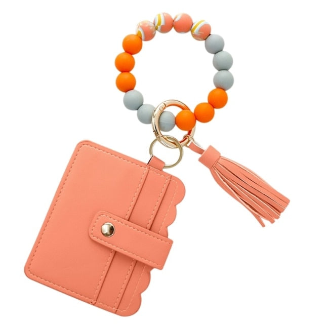 Silicone Beads Sunflower printing Wristlet Keychain Bracelet Keys Ring for  Women with Holder Leather Tassel for Keychains Gift