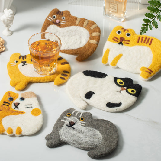 Cute Handmade Wool Felt Animal Kitty Cat Cup Coasters Made in Nepal